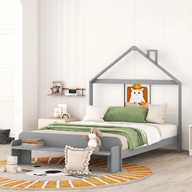 Grey Full Platform Bed with House Headboard, Footboard Bench