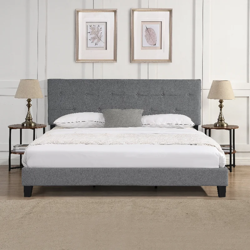 Grey King Size Button-tufted Linen Upholstered Platform Bed