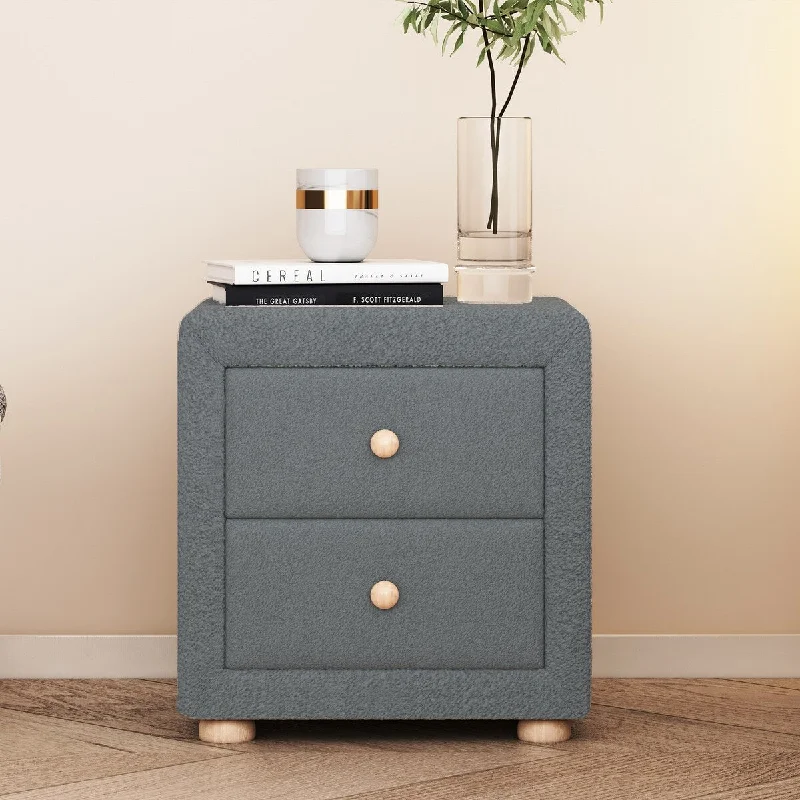 Grey Teddy Plush Nightstand with 2 Drawers Storage Cabinet for Bedroom Office