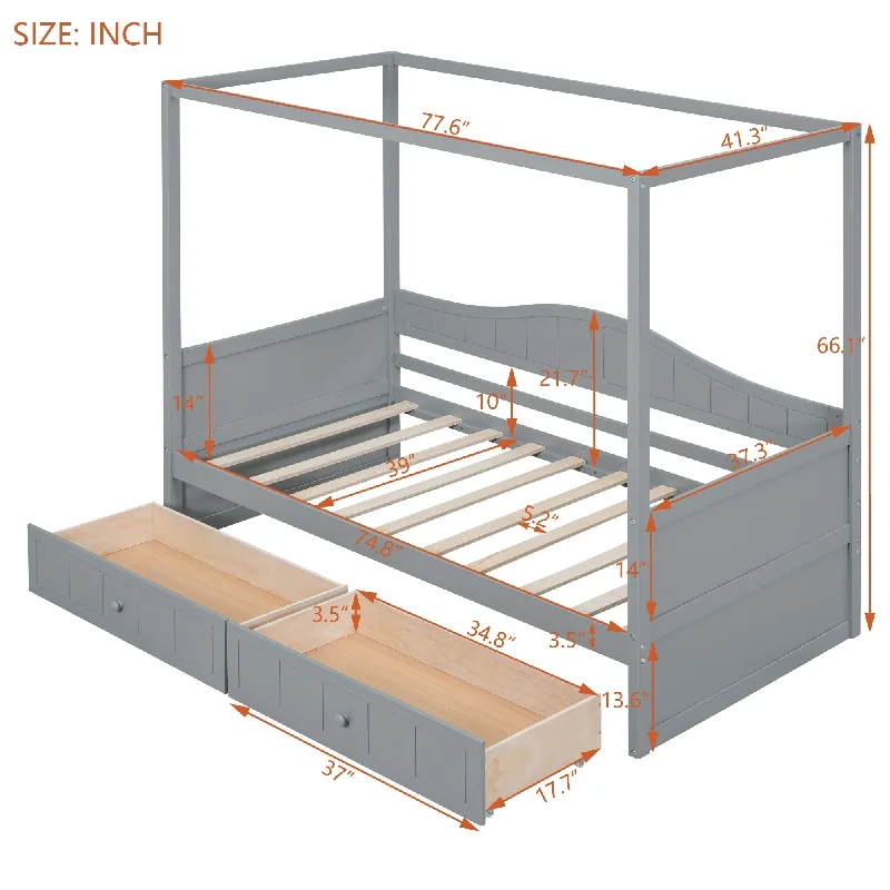 Grey Wood Twin Size Canopy Daybed Frame w/ Drawers & Built-in Backrest