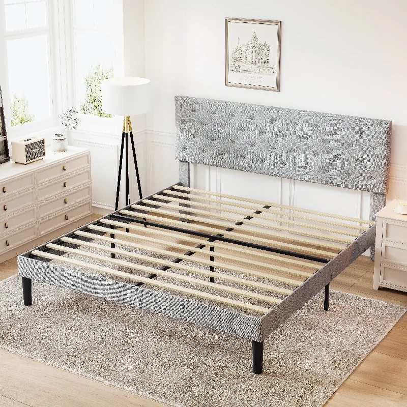 Light Grey Tufted King Size Upholstered Platform Bed