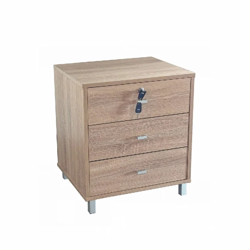 Light Natural Particle Board Modern Three Drawer Nightstand with Locking Top Drawer for Bedroom