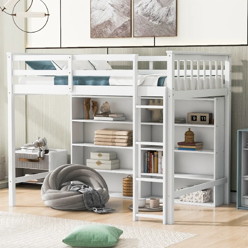 Merax Loft Bed with 8 Open Storage Shelves and Built-in Ladder