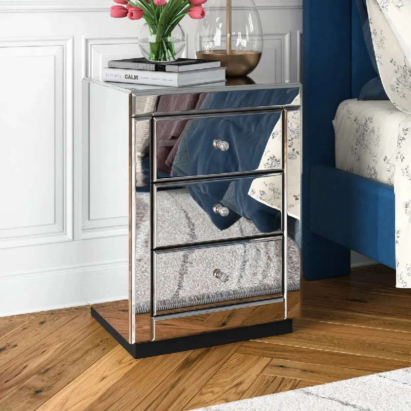 Mirrored 3 Drawer Nightstand Modern Design Bedside Table