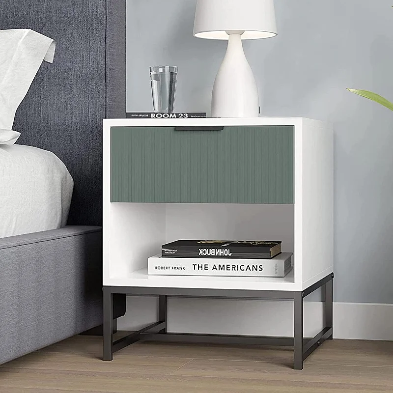 Modern 1-drawer&1-shelf Nightstand Solid Wood Bedroom Side Table Tall End Table with Open Metal Base, Easy Assembly