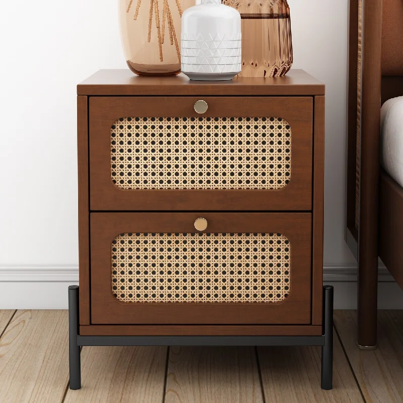 Modern 2-Drawer Nightstand Side Table End Table,Cannage Rattan Wood Closet for Bedroom, Living Room, Entryway, Hallway