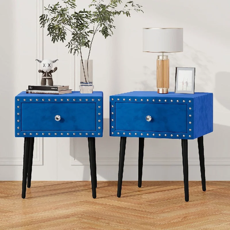 Modern Blue Nightstand Set of 2 with Drawer and Crystal Handle for Bedroom