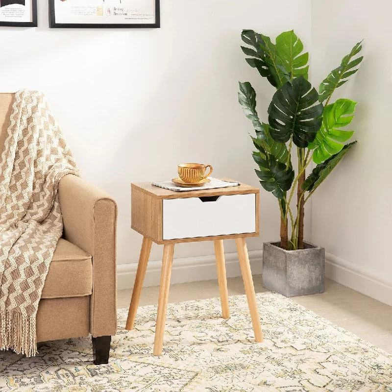 Modern Natural Bedside Table Coffee Table, Wooden Drawers with Storage Function, Living Room Bedroom Furniture, with Foot Pad