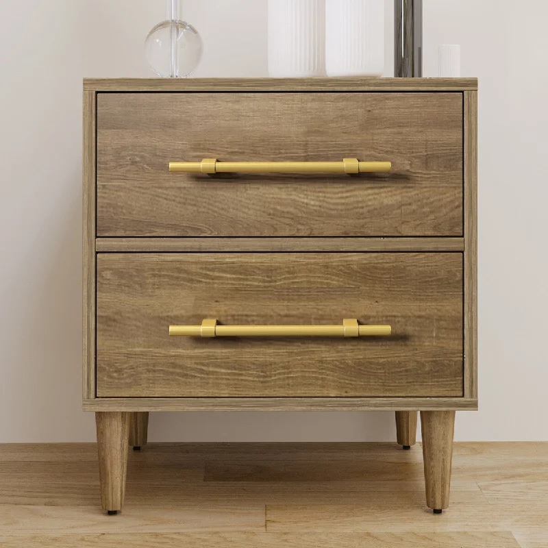 Modern Nightstand with Golden Handles, 2-drawer, Natural Walnut, Enormous Storage Spaces, Bedroom Furniture