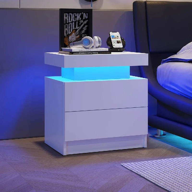 Modern Nightstand with LED Lighting, Bedside Table Cabinet with 2 Drawers for Bedroom (White)