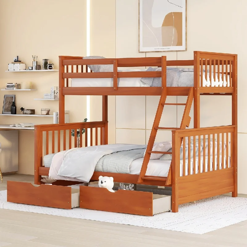 Muti-functional Wooden Twin over Full Storage Bunk Bed Frame with Ladders and 2 Drawers for Kids, Teens, Walnut