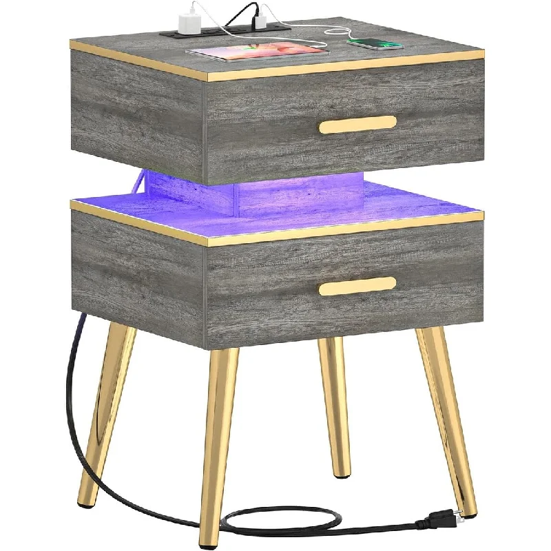 Nightstand with Charging Station Tall Bedside Tables with Led Lights, 15"D x 17.3"W x 28.5"H