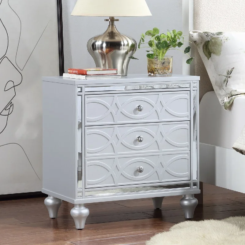 Nightstands with mirror frame accents, Bedside Table with two drawers and one hidden drawer, End Table with Crystal Pull Silver