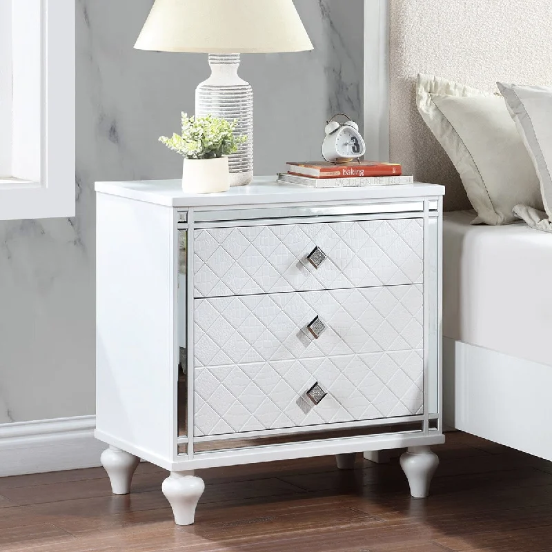 Nightstands with mirror frame accents, Bedside Table with two drawers and one hidden drawer, End Table with Crystal Pull White