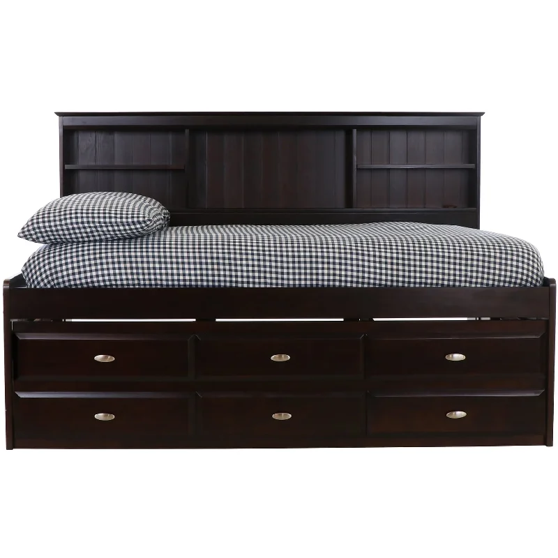 OS Home and Office Furniture Model Solid Pine Full Daybed with 6 Drawers in Dark Espresso