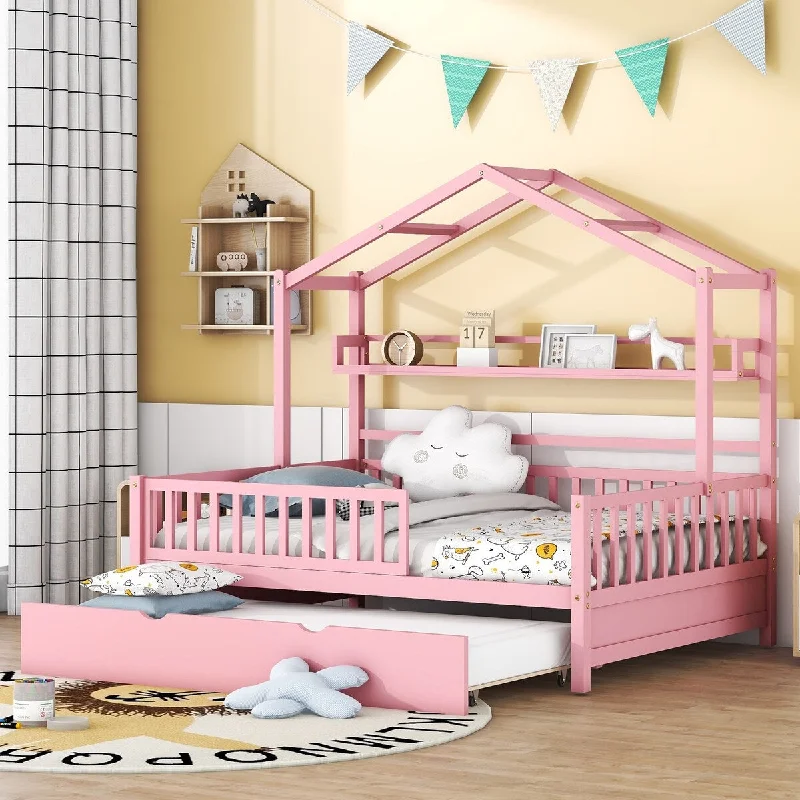 Pink Full House Platform Bed with Trundle, Shelf, Roof