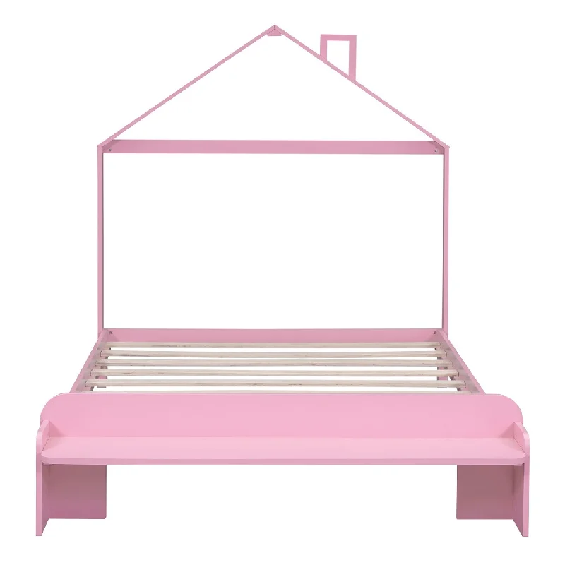 Pink Full Platform Bed with House Headboard, Footboard Bench