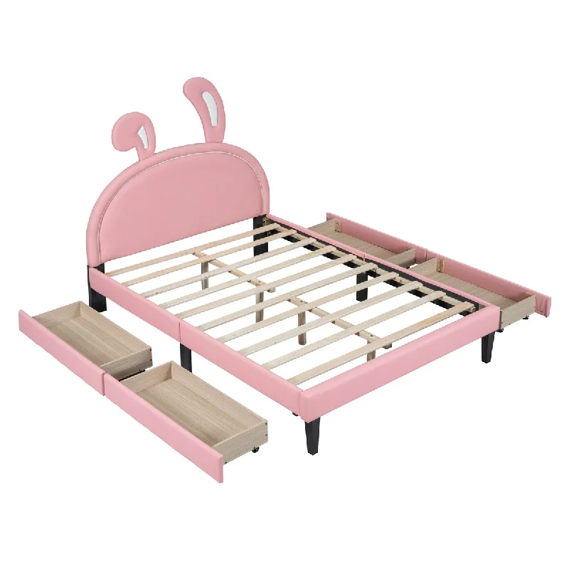 Pink Full PU Leather Platform Bed with Rabbit Headboard, 2 Drawers