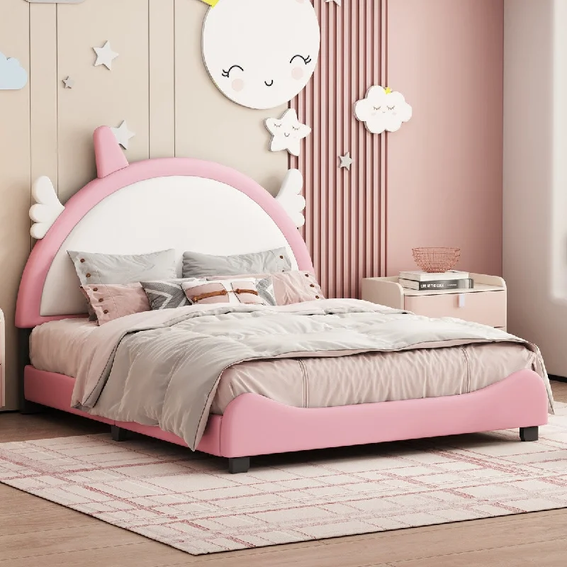 Pink Full PU Upholstered Platform Bed with Unicorn Headboard