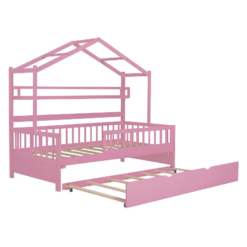 Pink Twin House Platform Bed with Trundle, Shelf, Roof