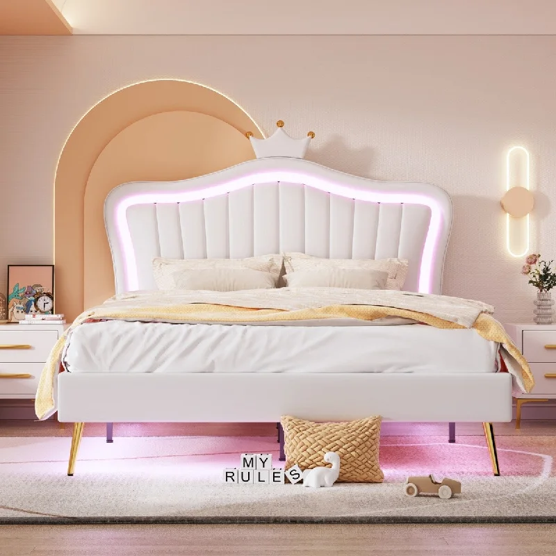 Queen Princess Platform Bed with LED Crown Headboard