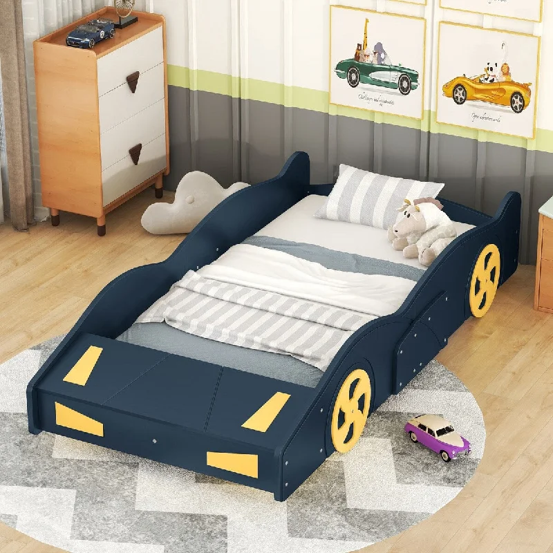 Twin Car-Shaped Platform Bed Frame w/ Wheels & Storage, Drak Blue