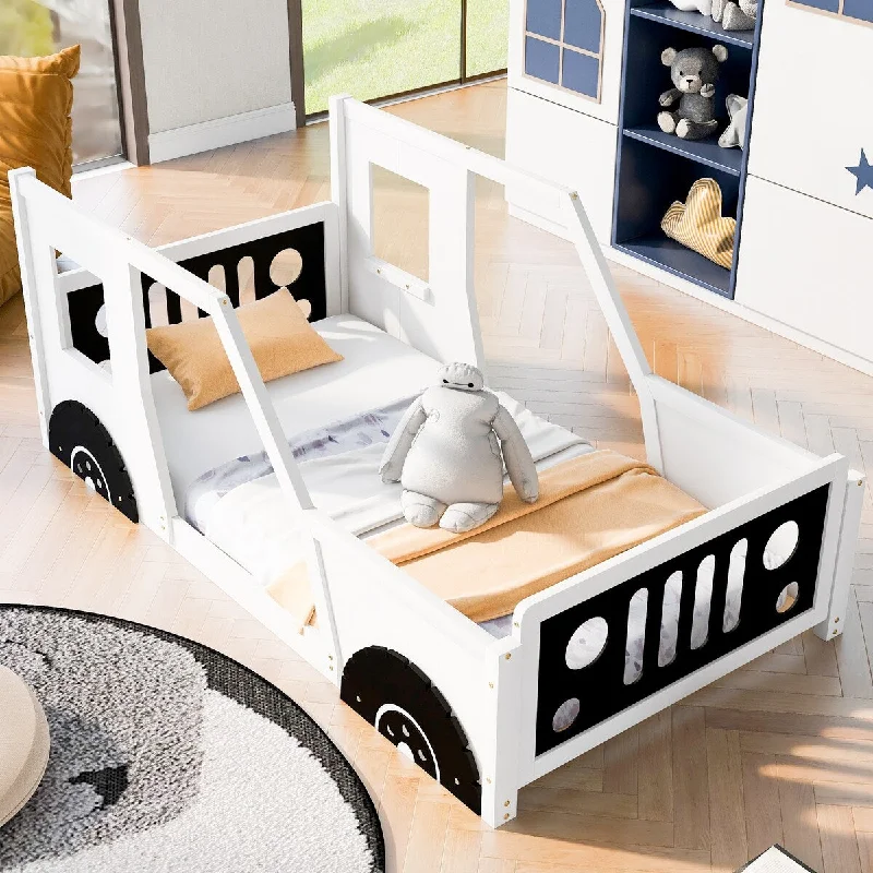 Twin Car-Shaped Platform Bed with Wheels, Guardrails