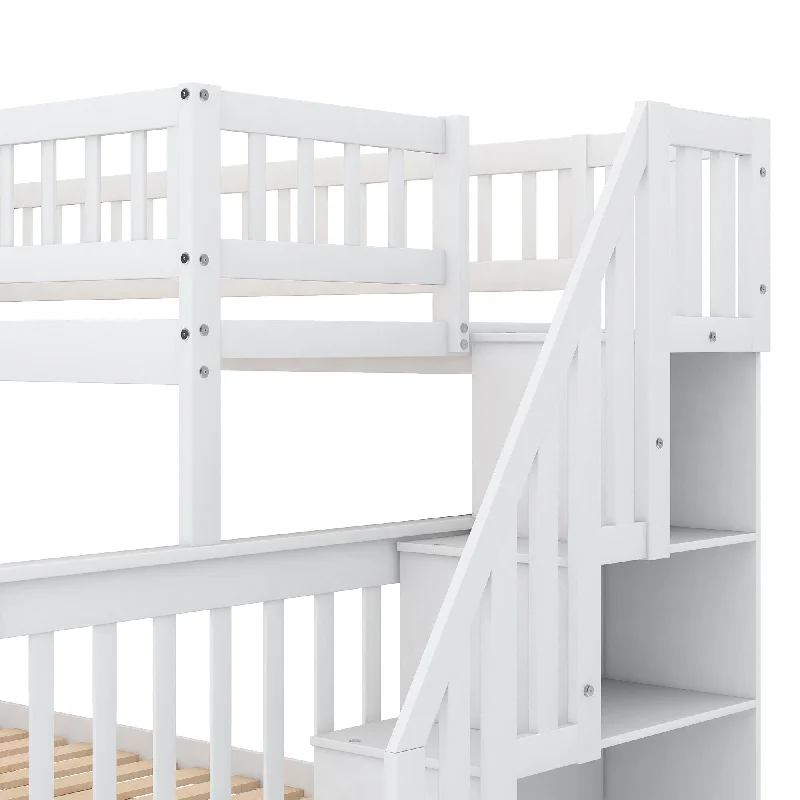 Twin-Full Bunk Storage Bed Frame w/ Side Shelves & Ladder, White