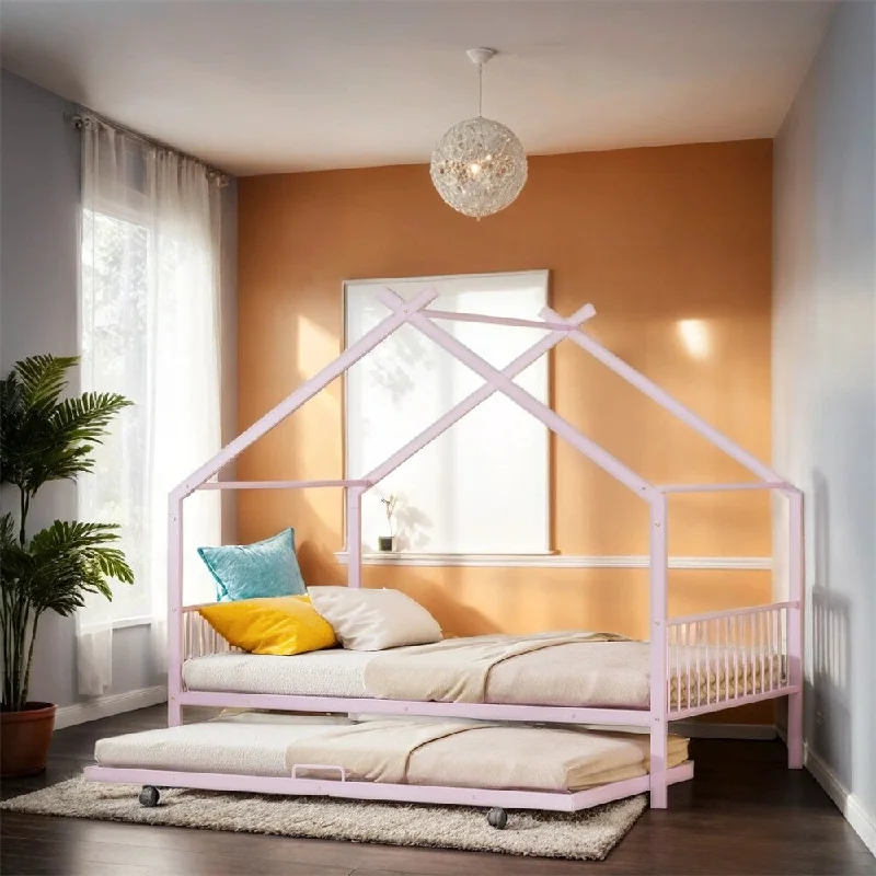 Twin Size Metal House Bed with Twin Size Trundle