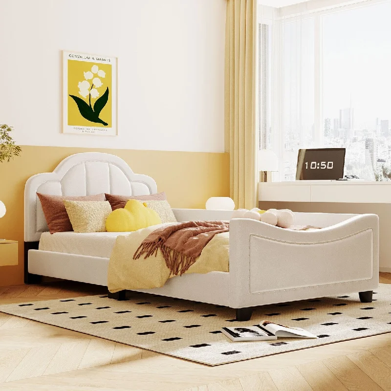 Twin Size Upholstered Daybed with Cloud Shaped Headboard, Embedded Elegant Copper Nail Design