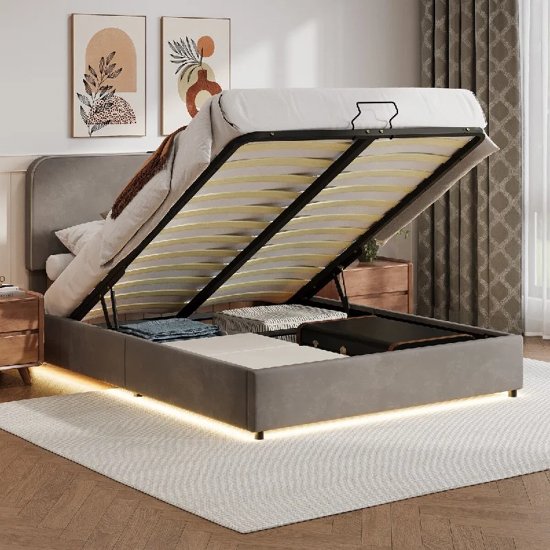 Upholstered Queen Size Hydraulic Storage Bed with RGB LED Light - Gray Velvet Finish