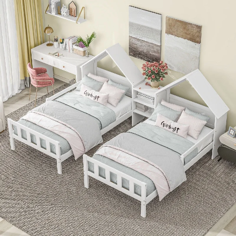 White Double Twin House Bed with Nightstand, Pine Construction