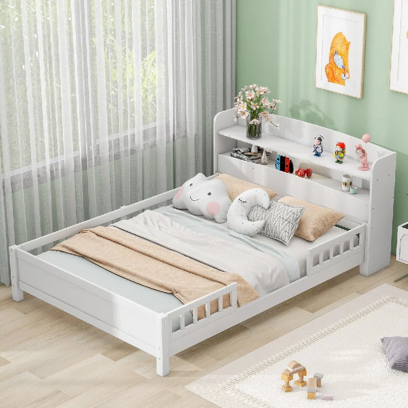 White Full Classic Wooden Platform Bed with LED Light