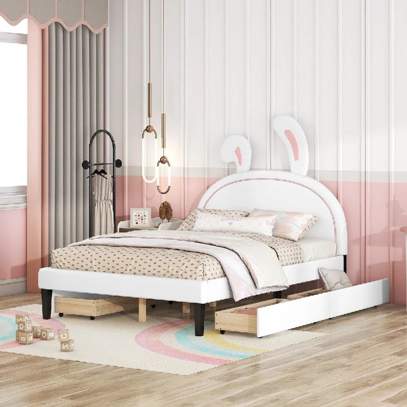 White Full PU Leather Platform Bed with Rabbit Headboard, 2 Drawers