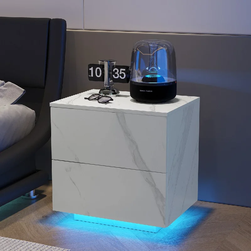 White LED Bedroom and Living Room Modern End Tables with 2 Drawers and Side Tables for Nightstands