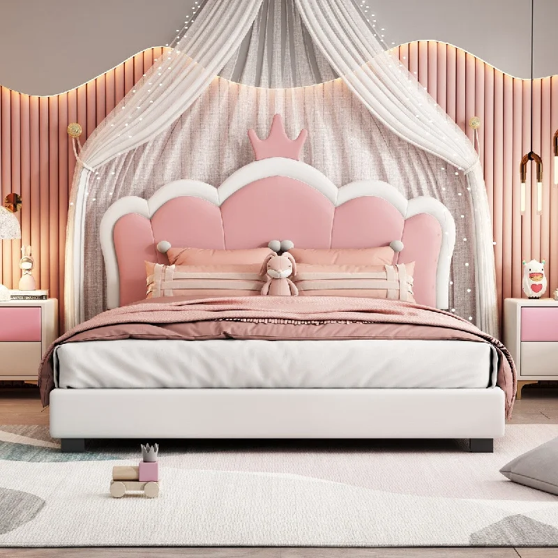 White+Pink Full Princess Platform Bed with Crown Headboard, Pine Frame