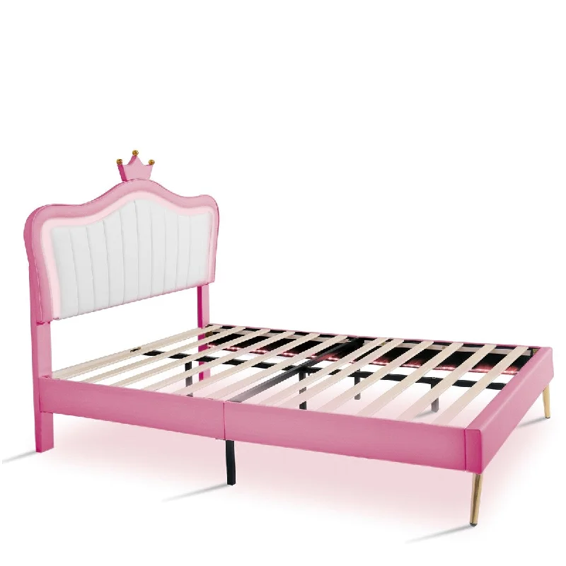 White+Pink Full Princess Platform Bed with LED Crown Headboard