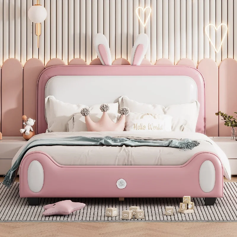 White+Pink Full Rabbit-Shape Platform Bed, Solid Construction