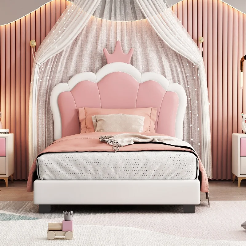 White+Pink Twin Princess Platform Bed with Crown Headboard, Pine Frame