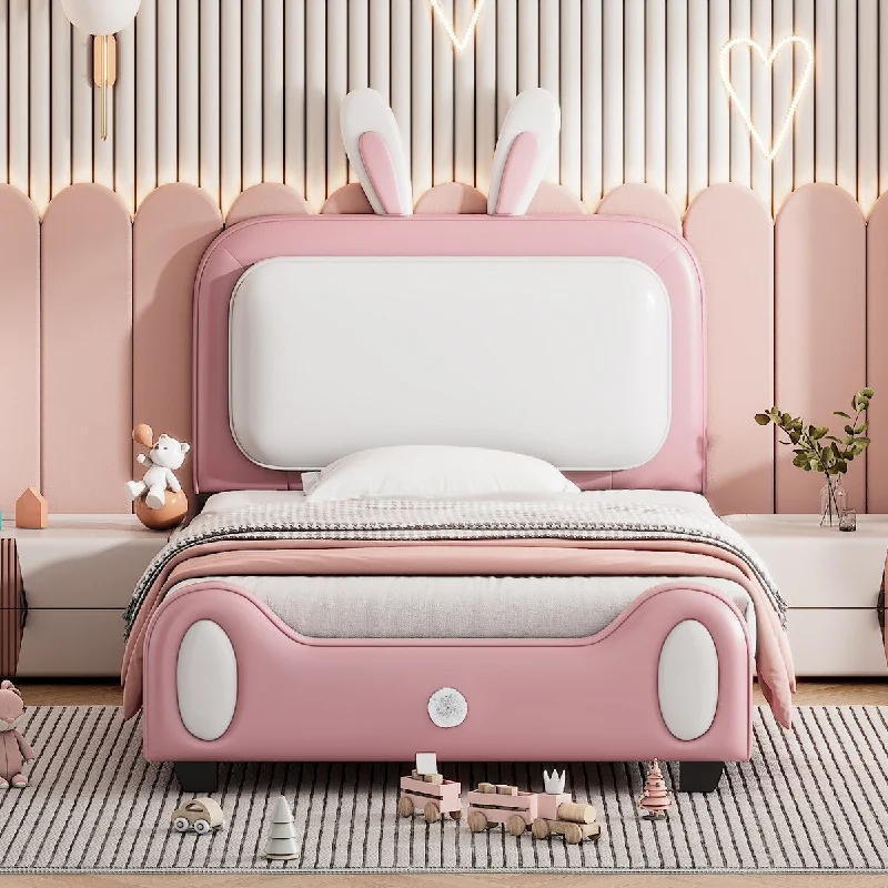 White+Pink Twin Rabbit-Shape Platform Bed, Solid Construction