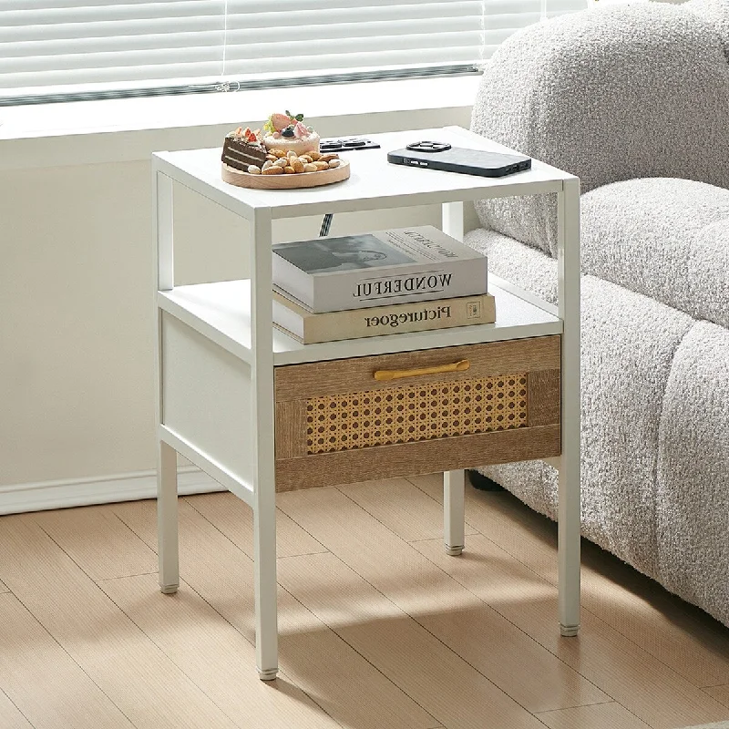 White Rattan End Table with USB Ports, Modern Nightstand, and Metal Legs for Bedroom