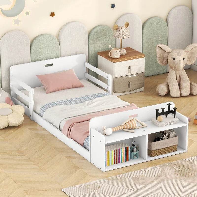 White Twin Floor Bed with Storage Footboard, Pine Frame