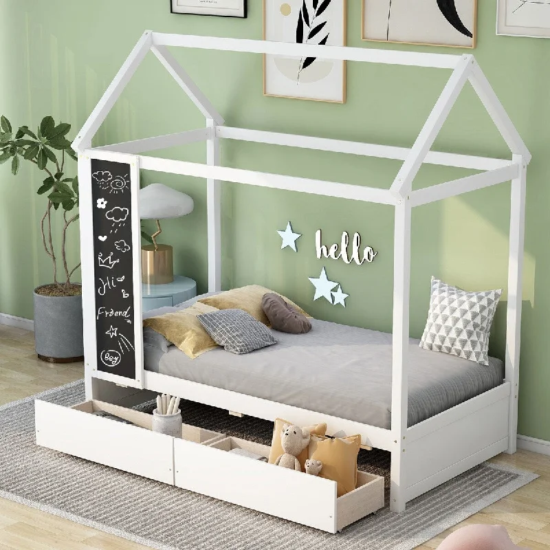 White Twin House Bed with 2 Drawers, Blackboard, Roof