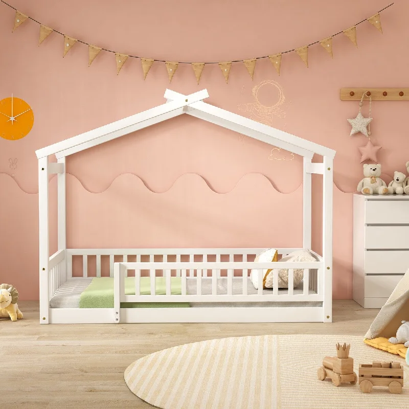 White Twin Playhouse House Bed with Fence, Roof, Pine Frame