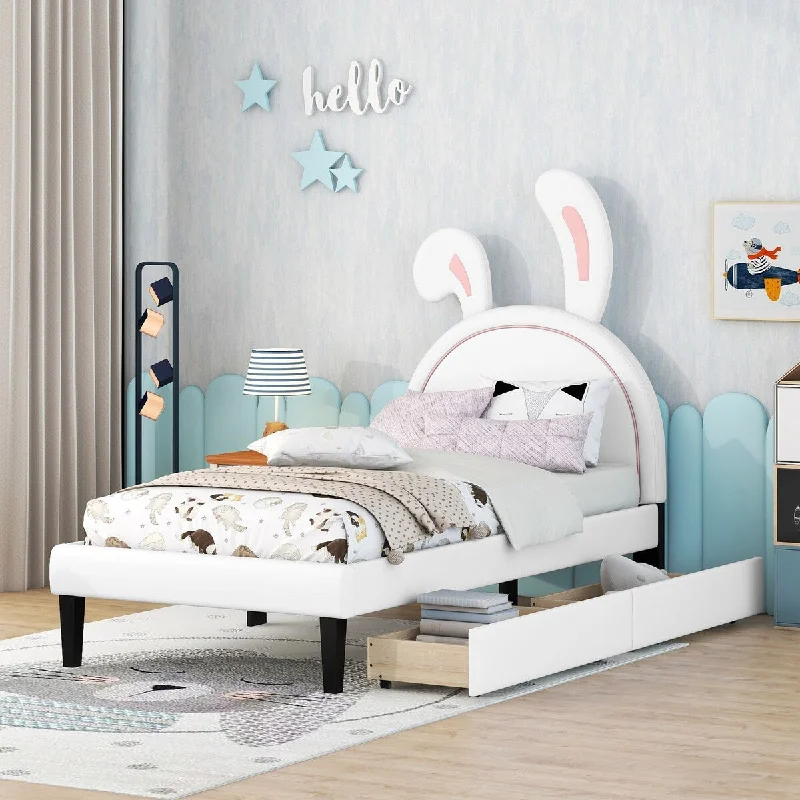 White Twin PU Leather Platform Bed with Rabbit Headboard, 2 Drawers