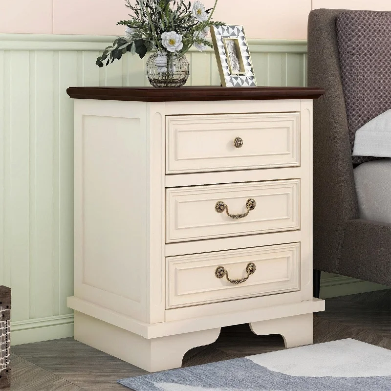 Wooden Nightstand with 3 Drawers and USB Charging Ports Living Room Bedroom