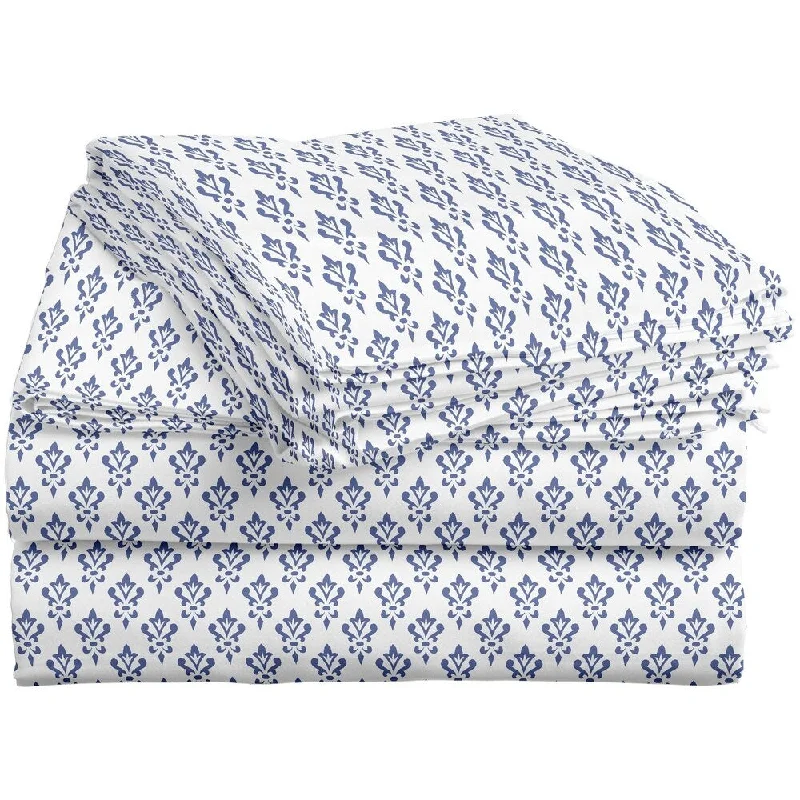 Damask Crest Blue Flannel 3-4 piece Sheet Set