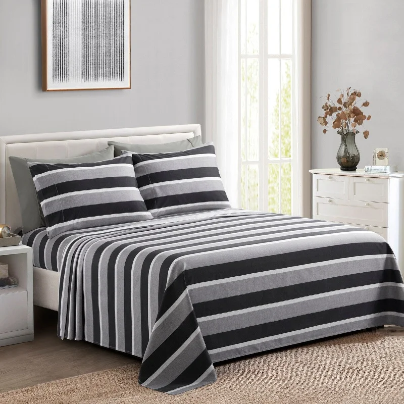 Marina Decoration Soft Silky Deep Pocket Rich Printed Rayon from Bamboo All Season Sheet Set, Black Grey Stripes