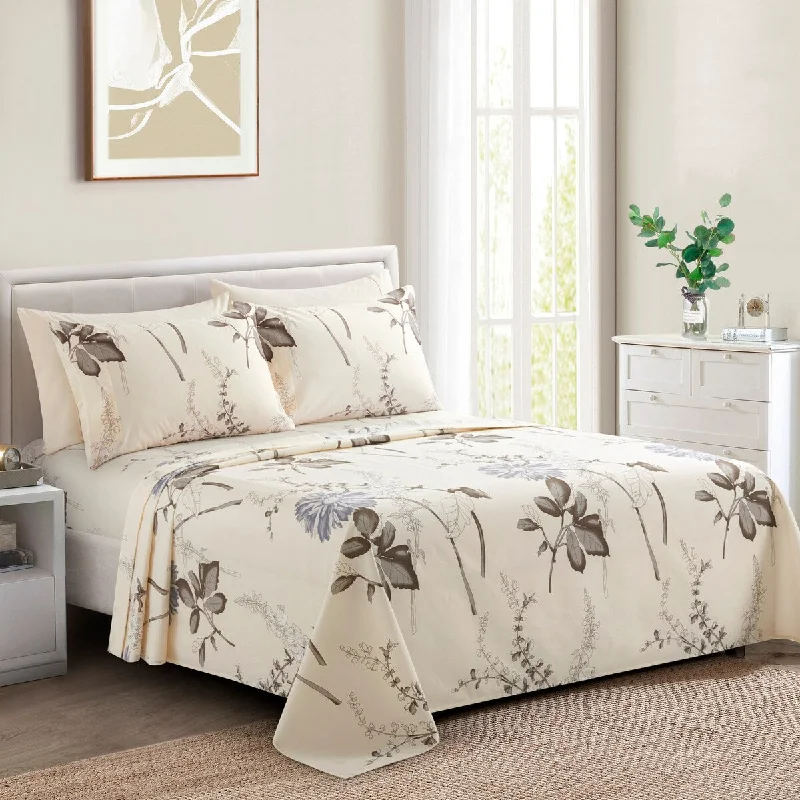 Marina Decoration Soft Silky Deep Pocket Rich Printed Rayon from Bamboo All Season Sheet Set, Blue Chrysanthemum Floral