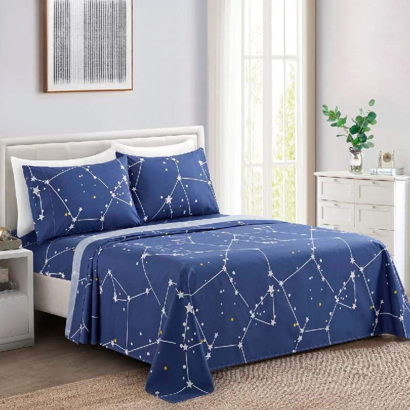 Marina Decoration Soft Silky Deep Pocket Rich Printed Rayon from Bamboo All Season Sheet Set, Navy Blue Asterism